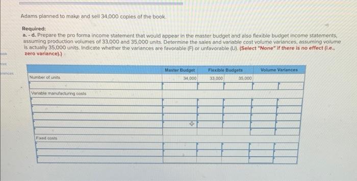 Problem 15 20a Algo Determining Sales And Variable Cost Volume Variances Lo 15 2 15 3 15 4 Adams Publications Establ 2