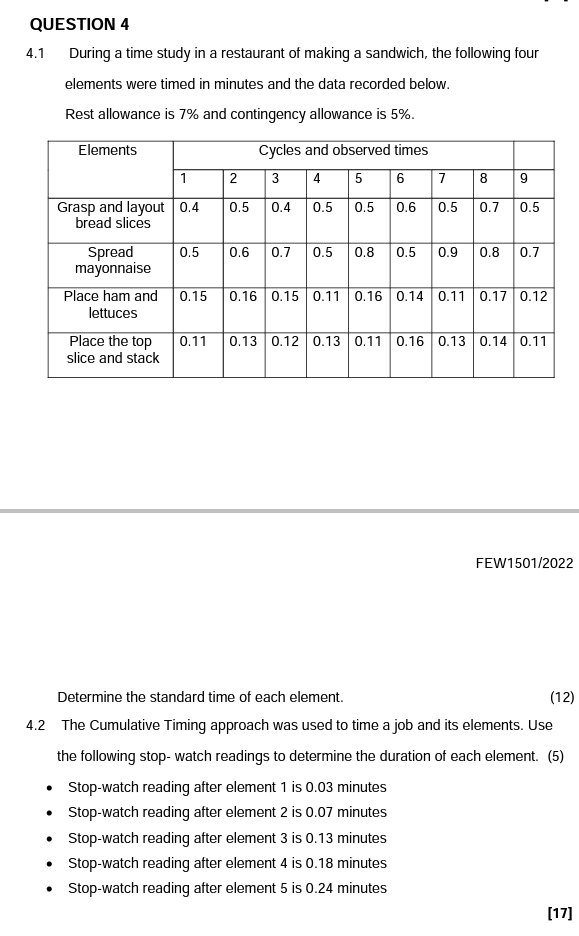 Question 4 4 1 During A Time Study In A Restaurant Of Making A Sandwich The Following Four Elements Were Timed In Minut 1