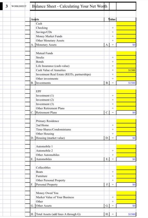 3 Worksheet Balance Sheet Calculating Your Net Worth Aluc Assets Cash Checking Savings Cds Money Market Funds Other Mo 1