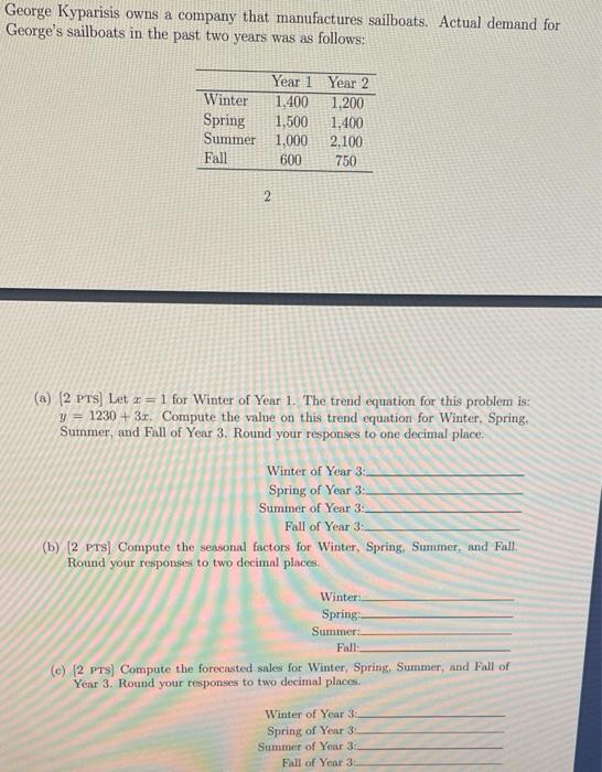 George Kyparisis Owns A Company That Manufactures Sailboats Actual Demand For George S Sailboats In The Past Two Years 1