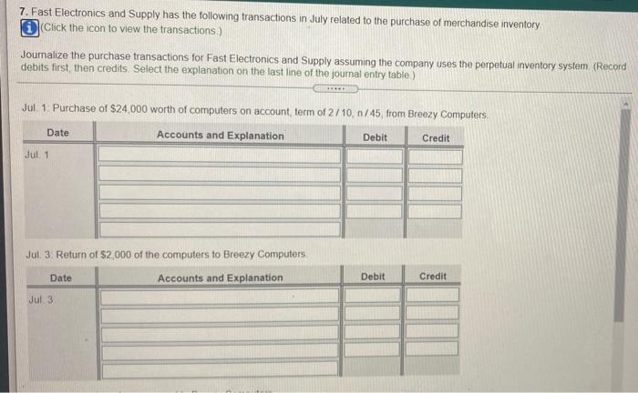 Umalize The Purchase Transactions For Fast Electronics And Supply Assuming The Company Uses The Perpetual Inventory Syst 2