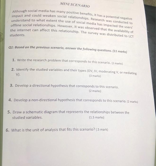 Mini Scenario Although Social Media Has Many Positive Benefits It Has A Potential Negative Impact And Could Weaken Soci 1