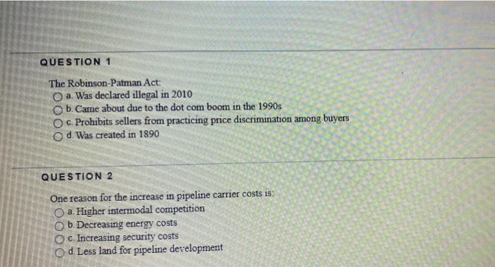 Question 1 The Robinson Patman Act O A Was Declared Illegal In 2010 B Came About Due To The Dot Com Boom In The 1990s 2