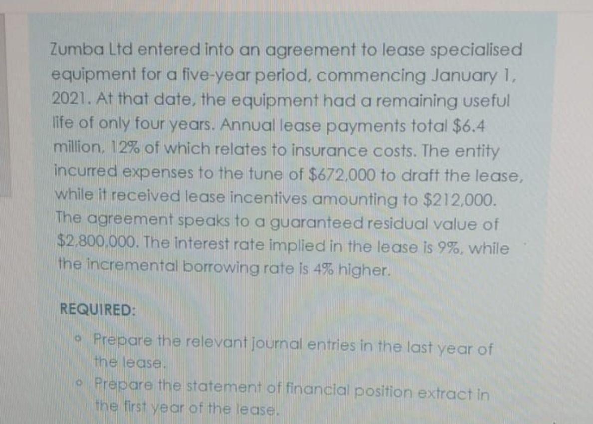 Zumba Ltd Entered Into An Agreement To Lease Specialised Equipment For A Five Year Period Commencing January 1 2021 A 1