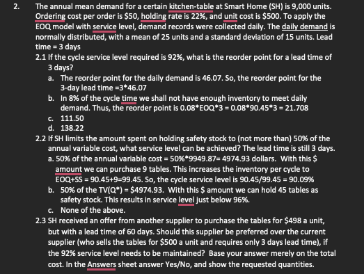 2 The Annual Mean Demand For A Certain Kitchen Table At Smart Home Sh Is 9 000 Units Ordering Cost Per Order Is 50 1