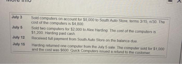 July 3 July 5 Sold Computers On Account For 8 000 To South Auto Store Terms 3 15 N 30 The Cost Of The Computers Is 1