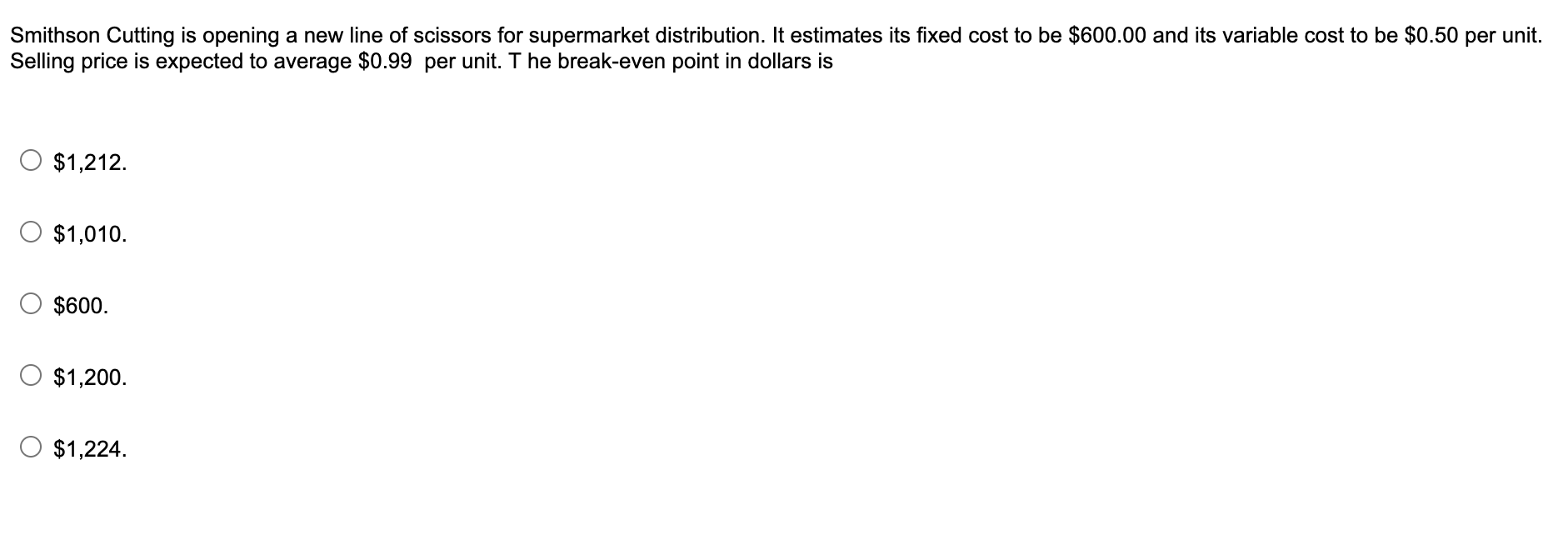 Smithson Cutting Is Opening A New Line Of Scissors For Supermarket Distribution It Estimates Its Fixed Cost To Be 600 1