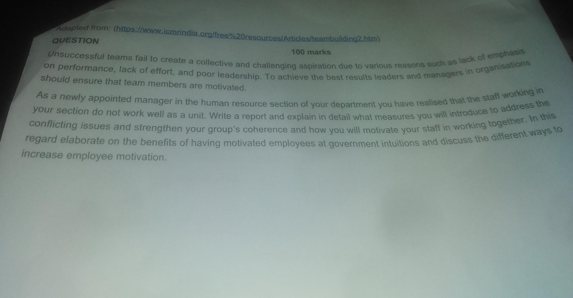 Adapted From Https Www Icmrindia Org Free 20resources Articles Teambuilding2 Htm Question 100 Marks On Performance 1