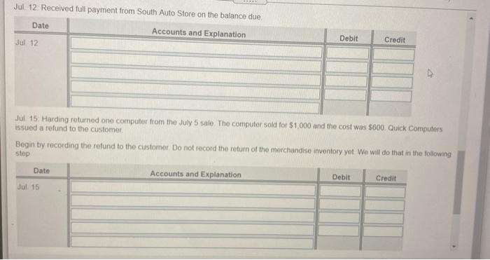 July 3 July 5 Sold Computers On Account For 8 000 To South Auto Store Terms 3 15 N 30 The Cost Of The Computers Is 4