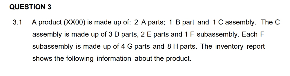 Question 3 3 1 A Product Xx00 Is Made Up Of 2 A Parts 1 B Part And 1 C Assembly The C Assembly Is Made Up Of 3 D Pa 1