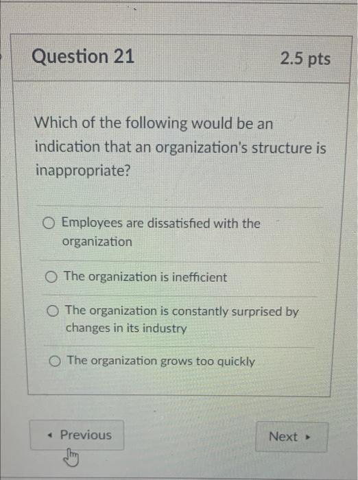 Question 21 2 5 Pts Which Of The Following Would Be An Indication That An Organization S Structure Is Inappropriate Emp 1