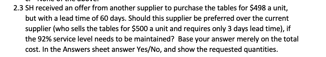 2 3 Sh Received An Offer From Another Supplier To Purchase The Tables For 498 A Unit But With A Lead Time Of 60 Days 1