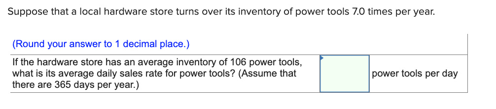 Suppose That A Local Hardware Store Turns Over Its Inventory Of Power Tools 7 0 Times Per Year Round Your Answer To 1 1