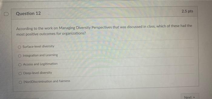 2 5 Pts Question 12 According To The Work On Managing Diversity Perspectives That Was Discussed In Class Which Of These 1