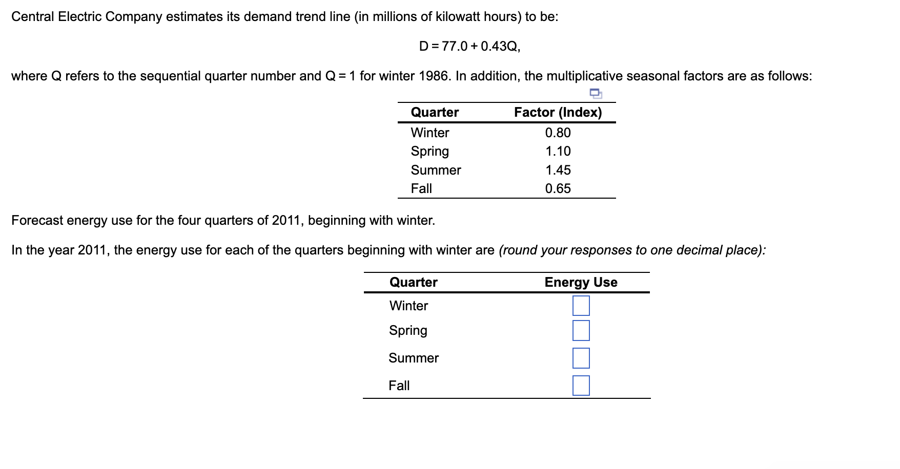 Central Electric Company Estimates Its Demand Trend Line In Millions Of Kilowatt Hours To Be D 77 0 0 43q Where Q 1