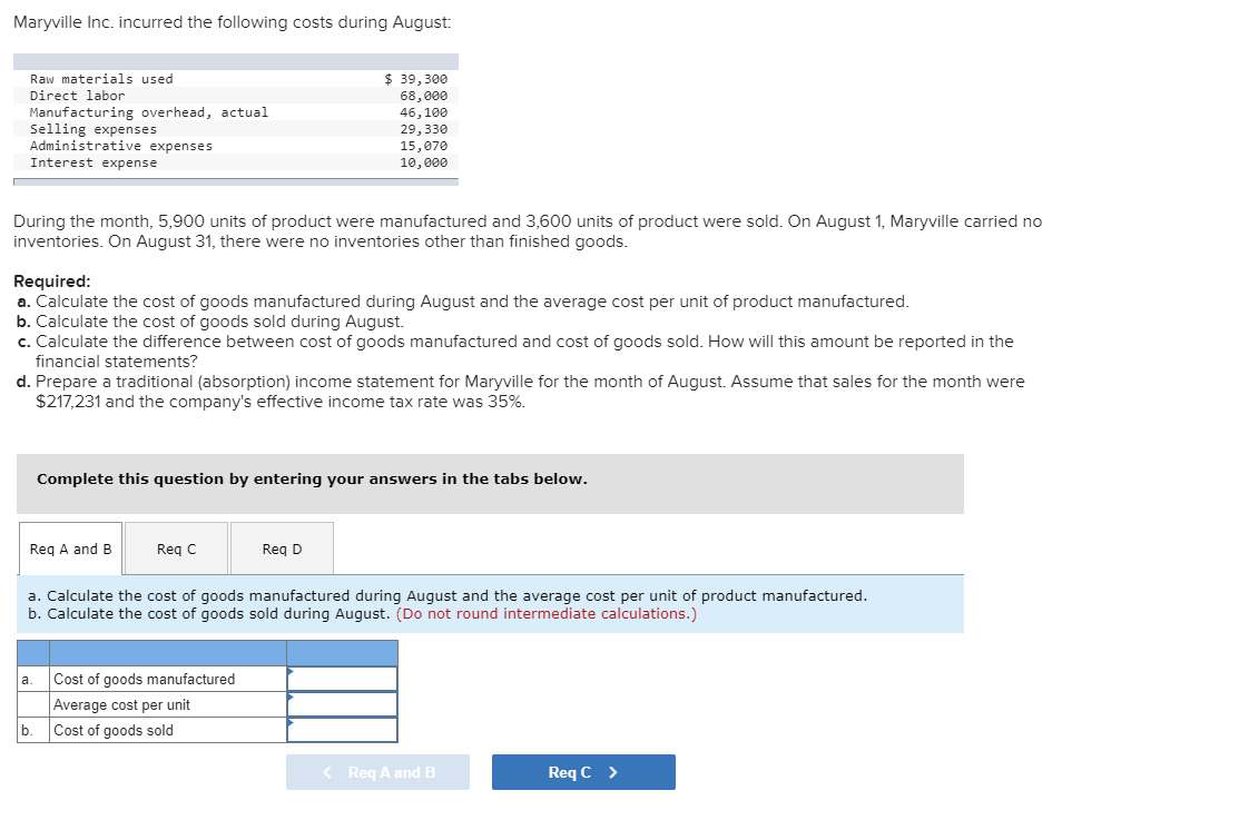 Maryville Inc Incurred The Following Costs During August Raw Materials Used Direct Labor Manufacturing Overhead Actua 1