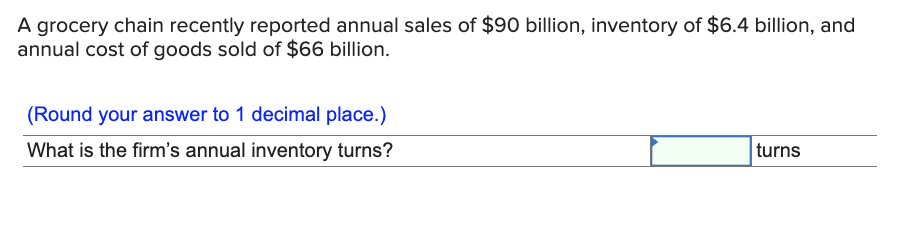 A Grocery Chain Recently Reported Annual Sales Of 90 Billion Inventory Of 6 4 Billion And Annual Cost Of Goods Sold 1
