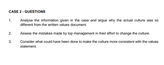1 Case 2 Questions Analyse The Information Given In The Case And Argue Why The Actual Culture Was So Different From T 2