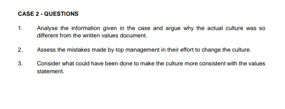 1 Case 2 Questions Analyse The Information Given In The Case And Argue Why The Actual Culture Was So Different From T 3