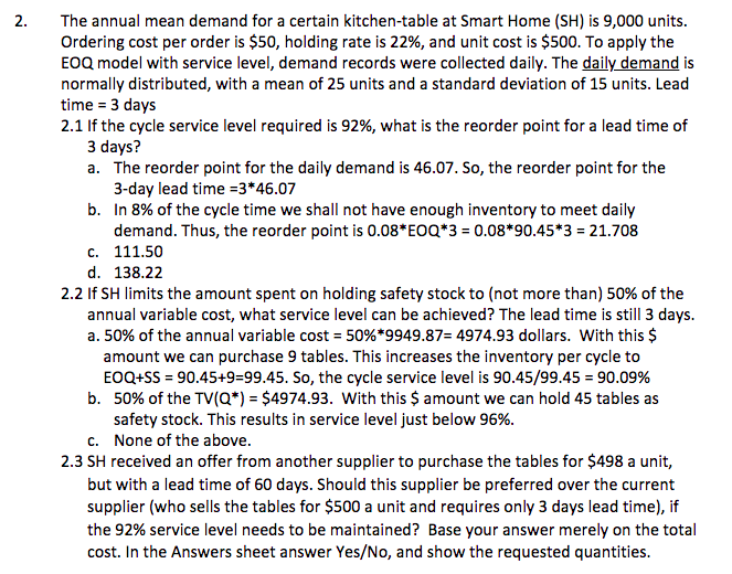 2 The Annual Mean Demand For A Certain Kitchen Table At Smart Home Sh Is 9 000 Units Ordering Cost Per Order Is 50 1