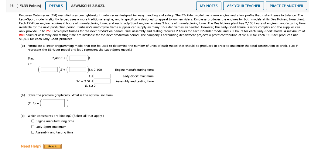 16 3 33 Points Details Aswmsci15 2 E 023 My Notes Ask Your Teacher Practice Another Embassy Motorcycles Em Manufa 1