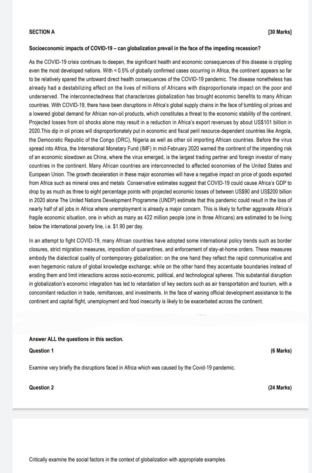Section A 30 Marks Socioeconomic Impacts Of Covid 19 Can Globalization Prevail In The Face Of The Impeding Recession 1