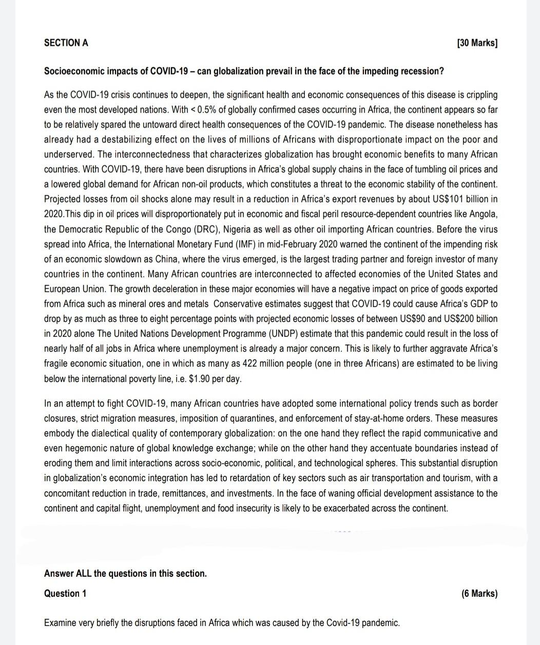 Section A 30 Marks Socioeconomic Impacts Of Covid 19 Can Globalization Prevail In The Face Of The Impeding Recession 1