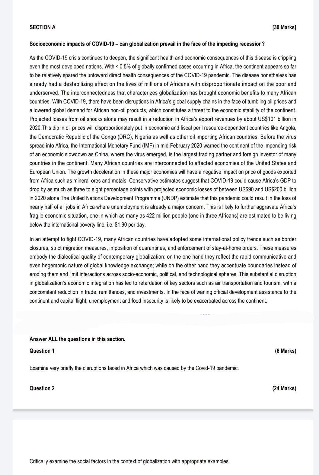 Section A 30 Marks Socioeconomic Impacts Of Covid 19 Can Globalization Prevail In The Face Of The Impeding Recession 1