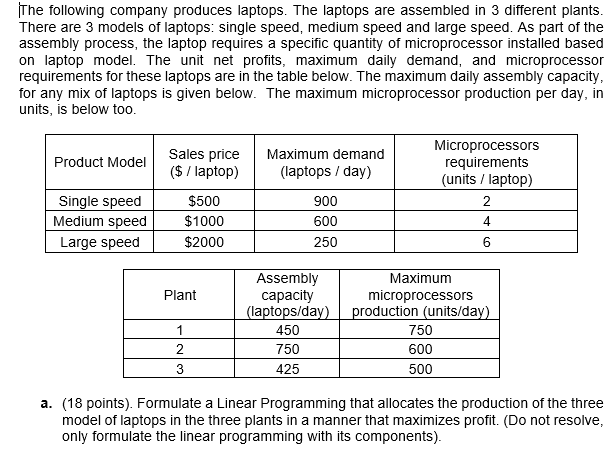 The Following Company Produces Laptops The Laptops Are Assembled In 3 Different Plants There Are 3 Models Of Laptops 1