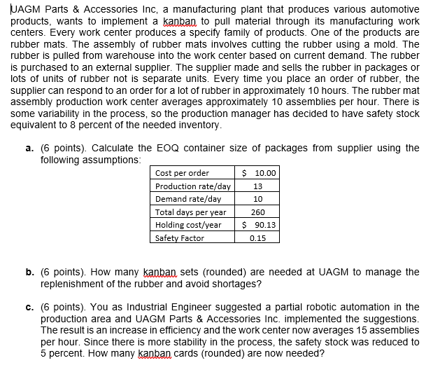 Juagm Parts Accessories Inc A Manufacturing Plant That Produces Various Automotive Products Wants To Implement A Kan 1