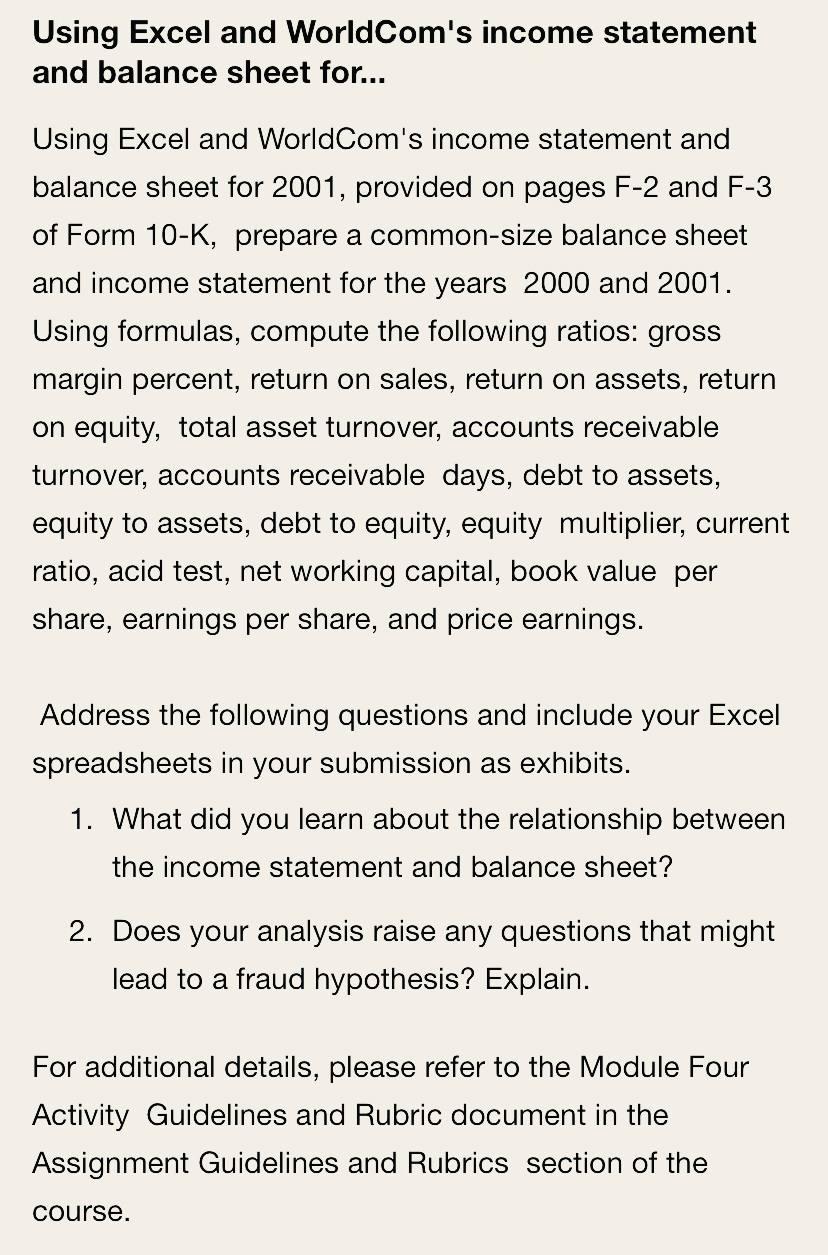 Using Excel And Worldcom S Income Statement And Balance Sheet For Using Excel And Worldcom S Income Statement And Bal 1