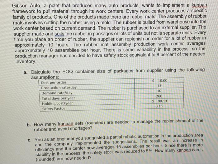 Gibson Auto A Plant That Produces Many Auto Products Wants To Implement A Kanban Framework To Pull Material Through It 1
