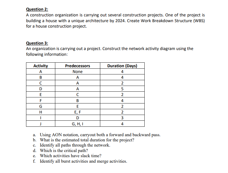 Question 2 A Construction Organization Is Carrying Out Several Construction Projects One Of The Project Is Building A 1