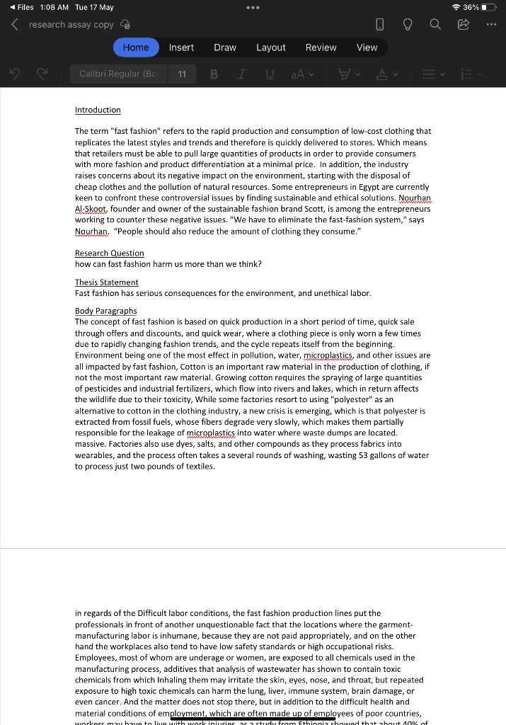 Files 1 08 Am Tue 17 May 36 Research Assay Copy Home Insert Draw Layout Review View Calibri Regular Bo 11 B I U In 1