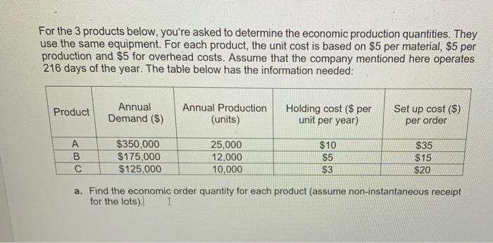 For The 3 Products Below You Re Asked To Determine The Economic Production Quantities They Use The Same Equipment For 1