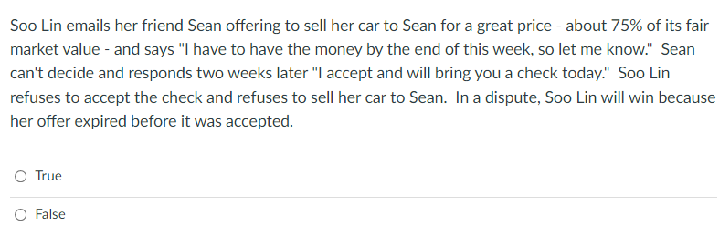 Soo Lin Emails Her Friend Sean Offering To Sell Her Car To Sean For A Great Price About 75 Of Its Fair Market Value 1