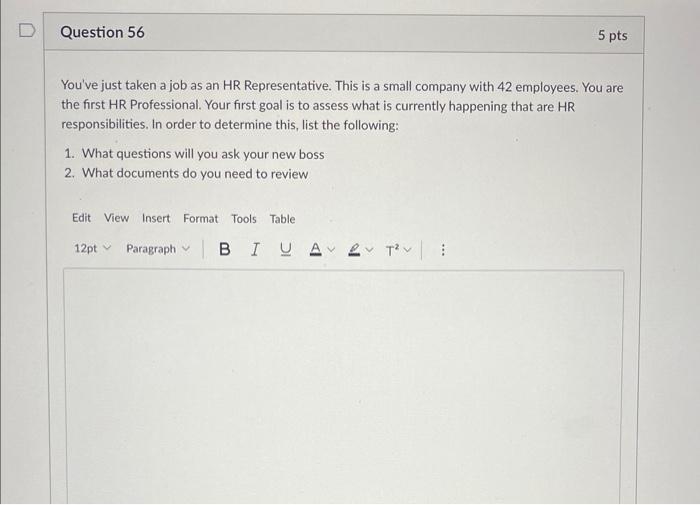 D Question 56 5 Pts You Ve Just Taken A Job As An Hr Representative This Is A Small Company With 42 Employees You Are 1