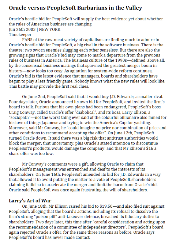 Oracle Versus Peoplesoft Barbarians In The Valley Oracle S Hostile Bid For Peoplesoft Will Supply The Best Evidence Yet 1