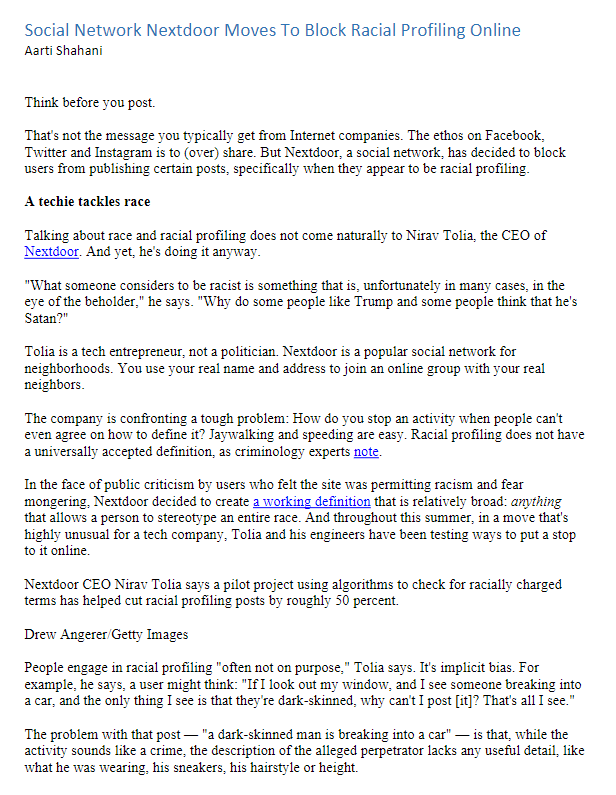 Social Network Nextdoor Moves To Block Racial Profiling Online Aarti Shahani Think Before You Post That S Not The Messag 1