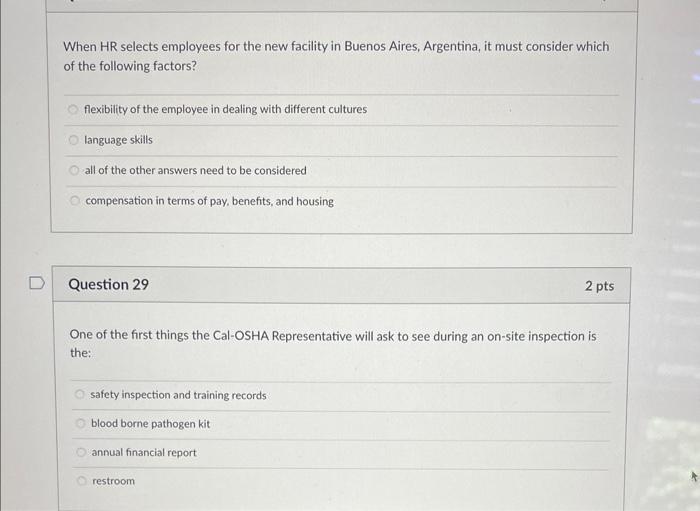 When Hr Selects Employees For The New Facility In Buenos Aires Argentina It Must Consider Which Of The Following Facto 1