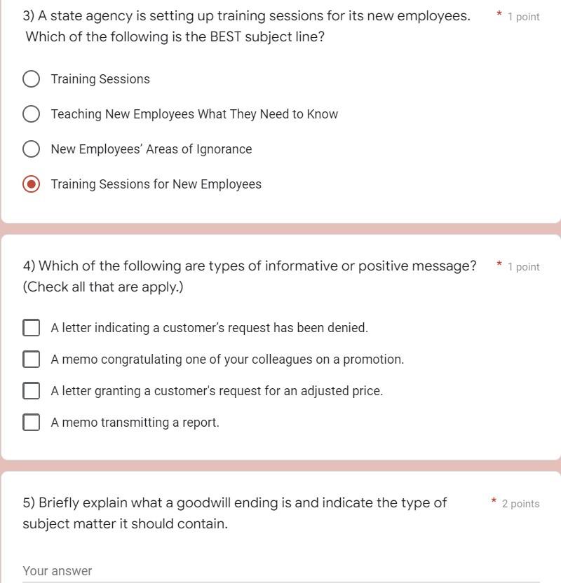 1 Point 3 A State Agency Is Setting Up Training Sessions For Its New Employees Which Of The Following Is The Best Subj 1