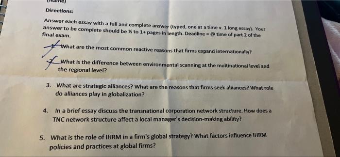 Directions Pw Answer Each Essay With A Full And Complete Answer Typed One At A Time V 1 Long Essay Your Answer To 1