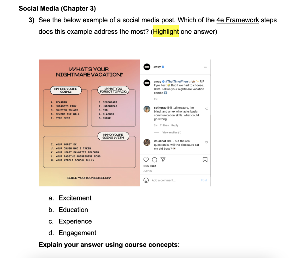 Social Media Chapter 3 3 See The Below Example Of A Social Media Post Which Of The 4e Framework Steps Does This Exam 1