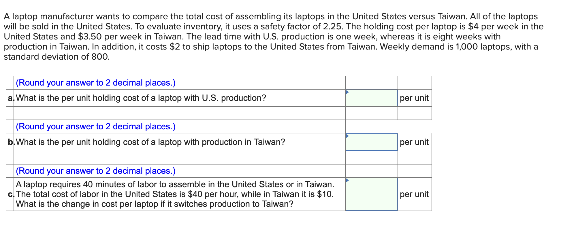A Laptop Manufacturer Wants To Compare The Total Cost Of Assembling Its Laptops In The United States Versus Taiwan All 1