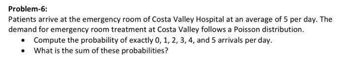 Problem 6 Patients Arrive At The Emergency Room Of Costa Valley Hospital At An Average Of 5 Per Day The Demand For Eme 1