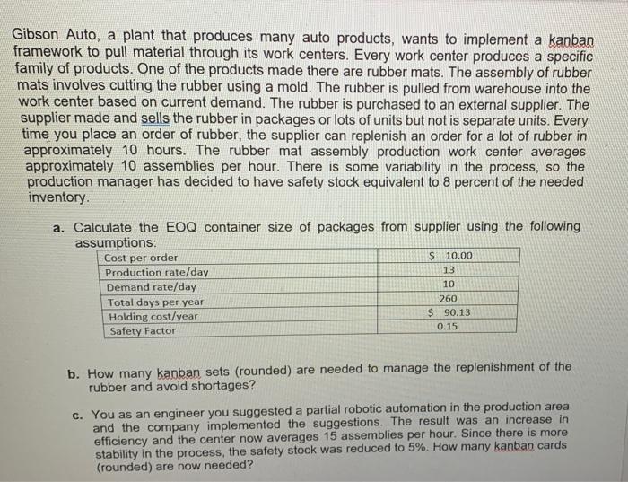 Gibson Auto A Plant That Produces Many Auto Products Wants To Implement A Kanban Framework To Pull Material Through It 1