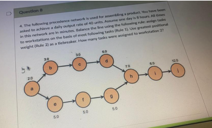 Question 8 4 The Following Precedence Network Is Used For Assembling A Product You Have Been Asked To Achieve A Daily 1