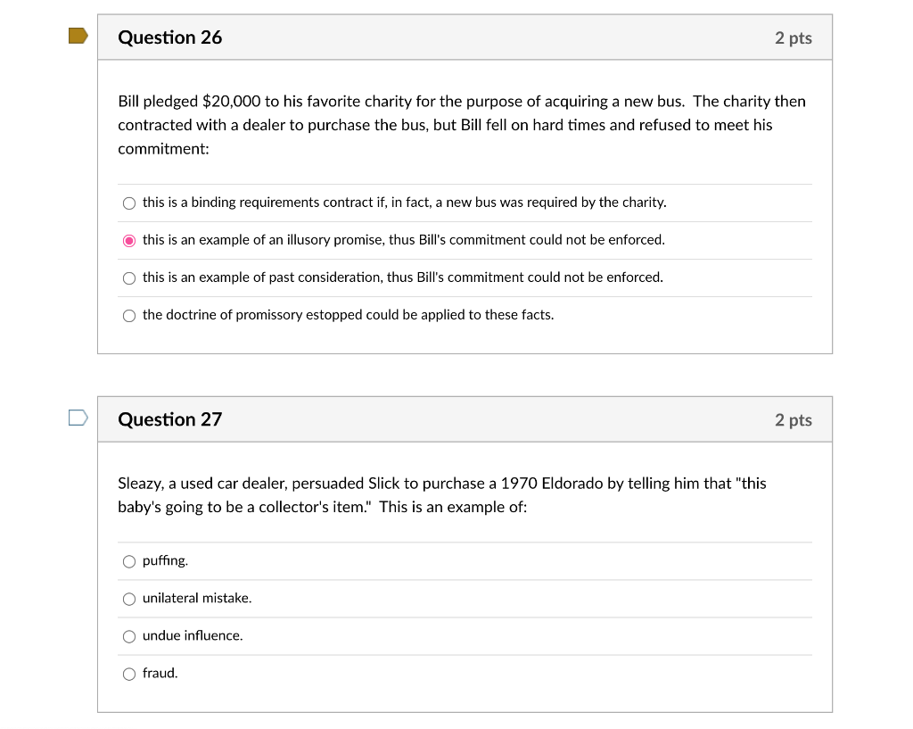 Question 26 2 Pts Bill Pledged 20 000 To His Favorite Charity For The Purpose Of Acquiring A New Bus The Charity Then 1