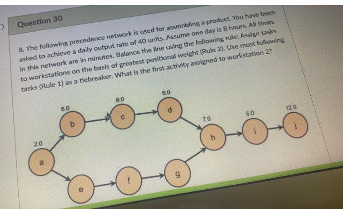 Question 30 8 The Following Precedence Network Is Used For Assembling A Product You Have Been Asked To Achieve A Daily 1