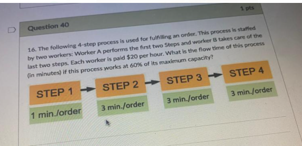 1 Pts Question 40 16 The Following 4 Step Process Is Used For Fulfilling An Order This Process Is Staffed By Two Worke 1